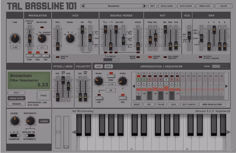 Interface of TAL-BassLine-101 by TAL