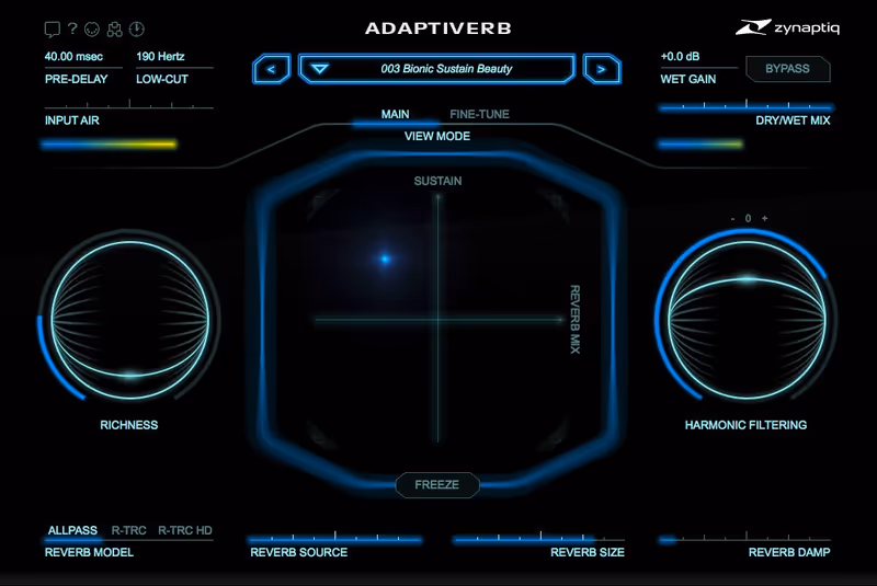 Interface of ADAPTIVERB by Zynaptiq